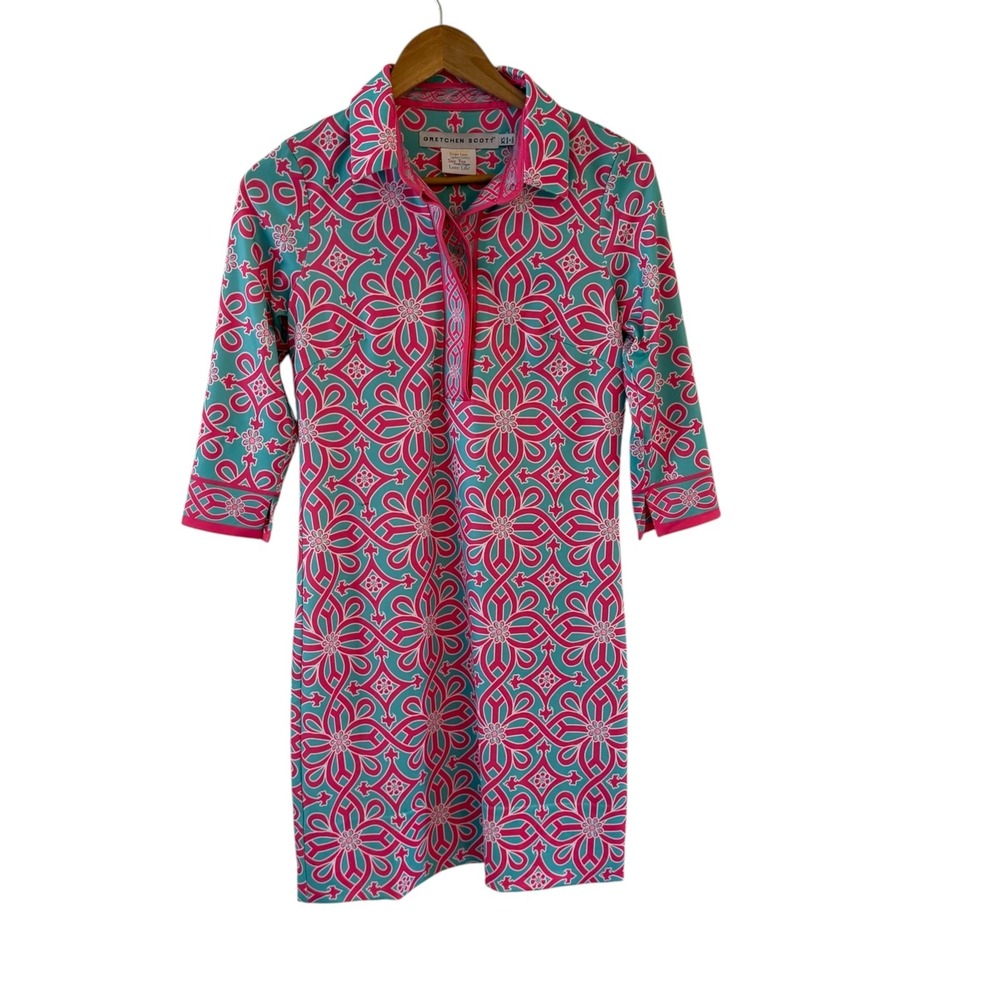 Gretchen Scott Geometric Shift Dress XS Pink Blue Stretch Preppy 3/4 Sleeve